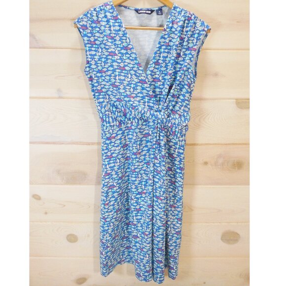 Lands End Women’s size S (6-8) Blue Faux Wrap Dress Fish Print Cotton Blend - Picture 1 of 12